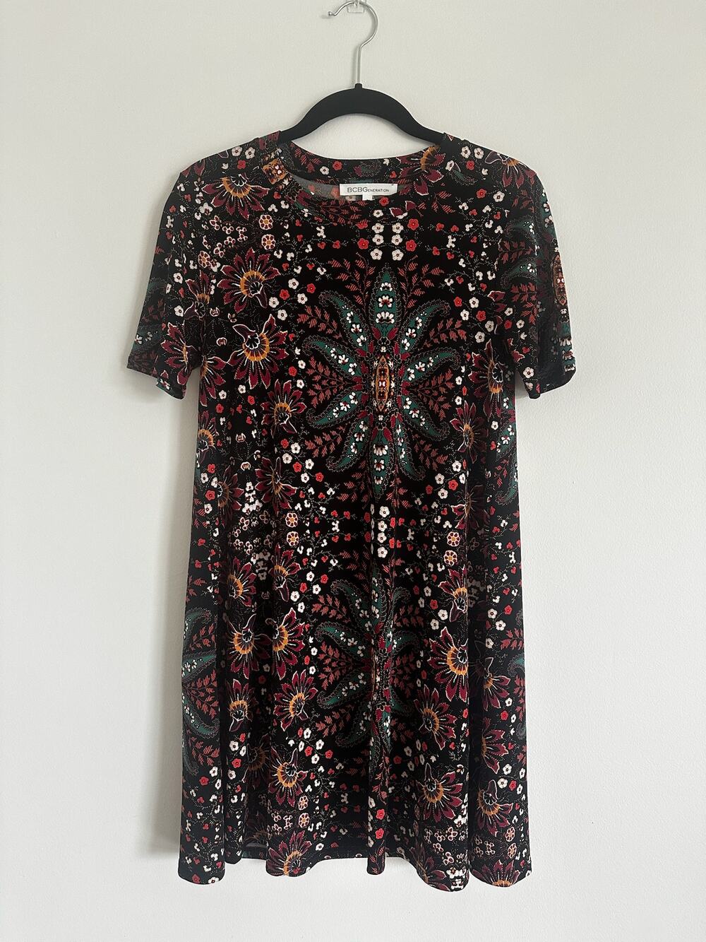 BCBGeneration Paisley Floral A-Line Mini Dress Black Rust Small Stretch